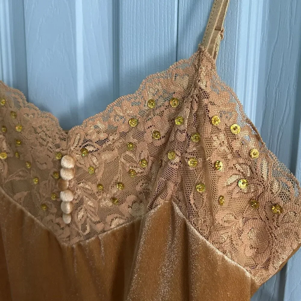 Maurice Sasson Y2K Gold Velvet Lace Tank Top Medium Fairycore Whimsigoth V-Neck - Picture 3 of 9